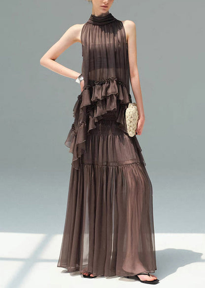 French Coffee Ruffles Wrinkled Sheer Chiffon Women Sets 2 Pieces Summer