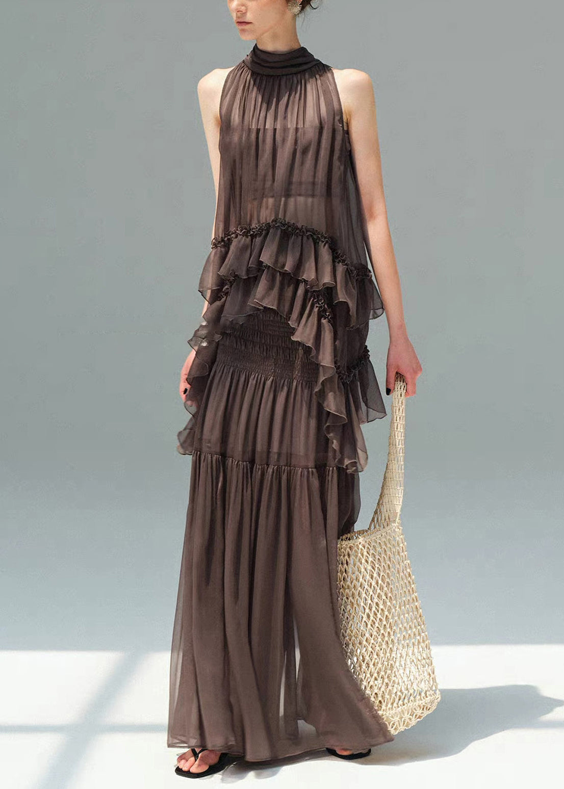 French Coffee Ruffles Wrinkled Sheer Chiffon Women Sets 2 Pieces Summer