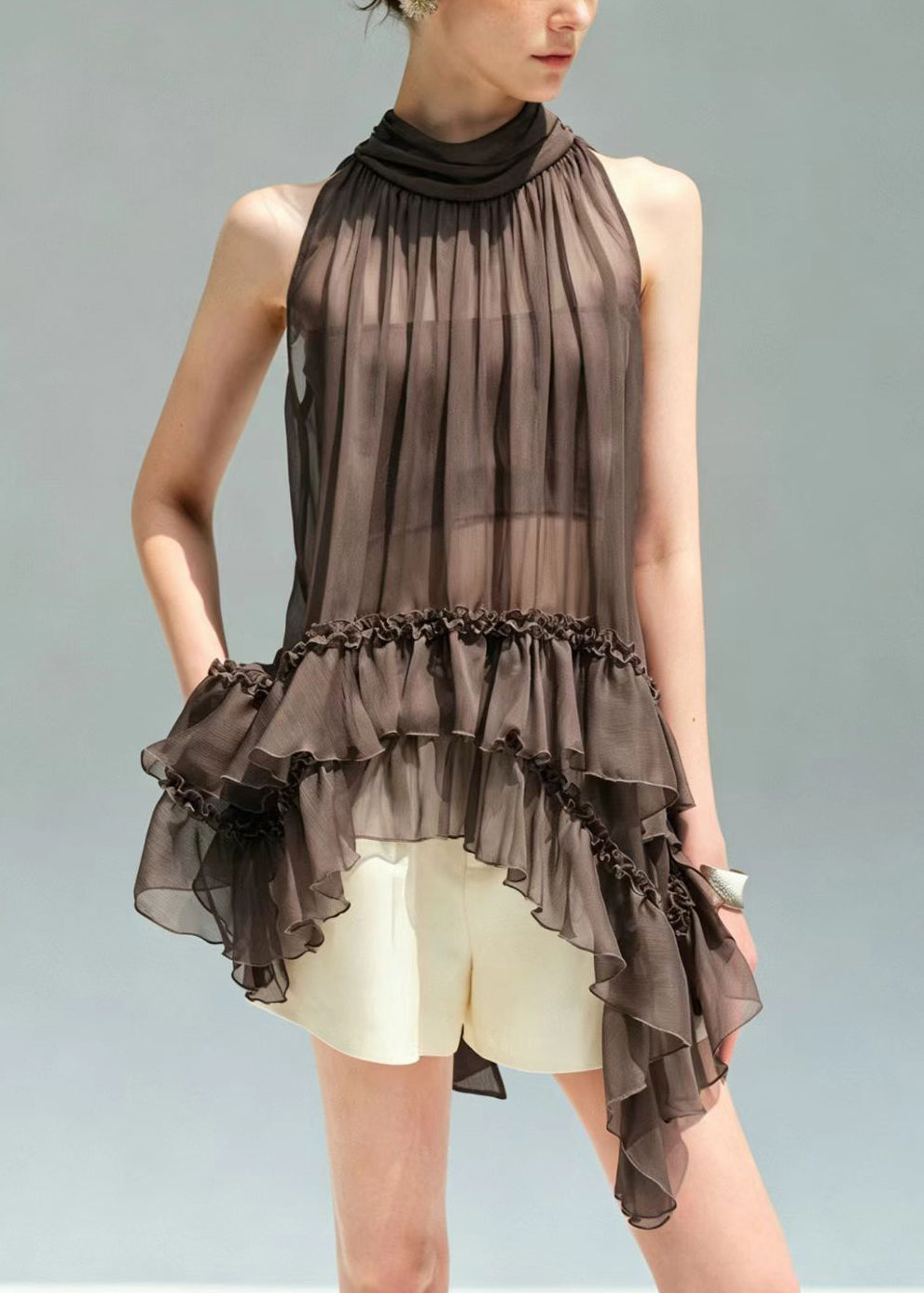 French Coffee Ruffles Wrinkled Sheer Chiffon Women Sets 2 Pieces Summer