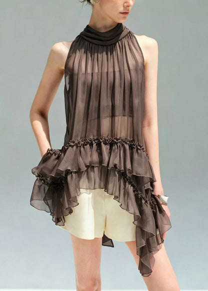 French Coffee Ruffles Wrinkled Sheer Chiffon Women Sets 2 Pieces Summer