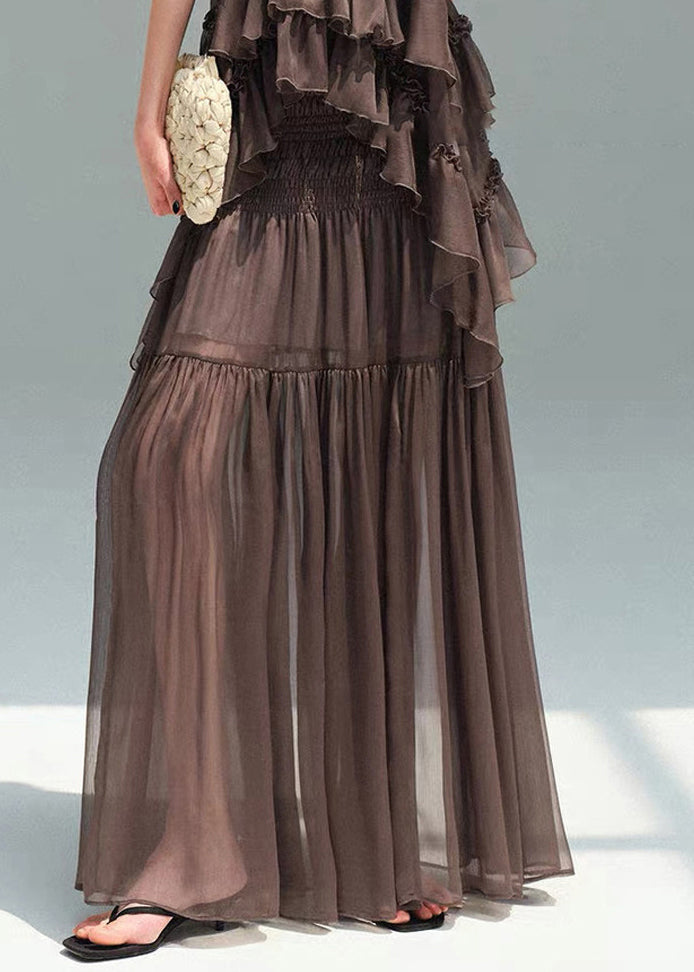 French Coffee Ruffles Wrinkled Sheer Chiffon Women Sets 2 Pieces Summer