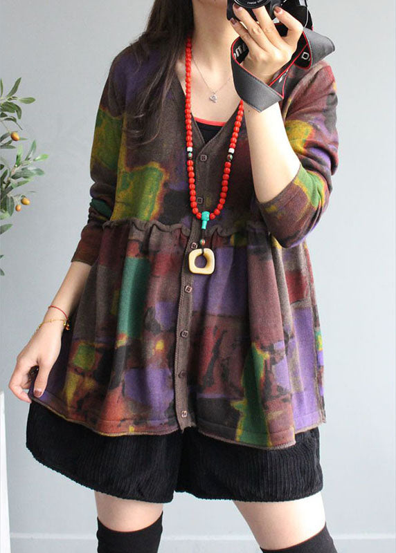 French Chocolate V-Ausschnitt Print Rüschen Patchwork Herbst Strick Cardigans