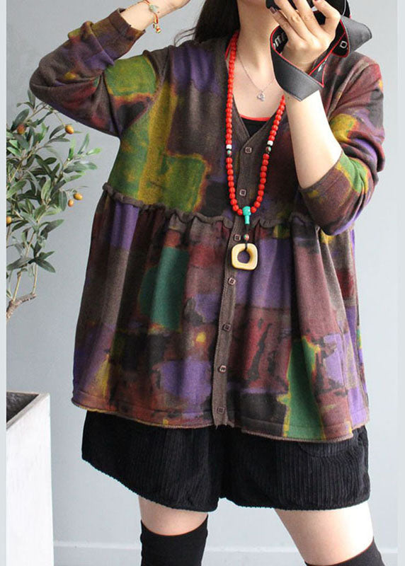 French Chocolate V-Ausschnitt Print Rüschen Patchwork Herbst Strick Cardigans