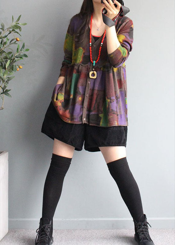 French Chocolate V-Ausschnitt Print Rüschen Patchwork Herbst Strick Cardigans