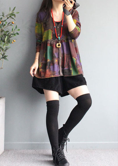 French Chocolate V-Ausschnitt Print Rüschen Patchwork Herbst Strick Cardigans