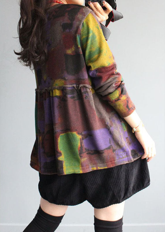 French Chocolate V-Ausschnitt Print Rüschen Patchwork Herbst Strick Cardigans