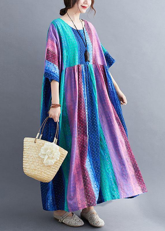 French Color Block Striped Print Loose Summer Vacation Dresses Half Sleeve - SooLinen