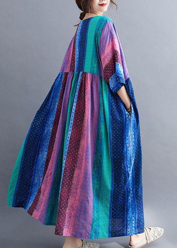 French Color Block Striped Print Loose Summer Vacation Dresses Half Sleeve - SooLinen