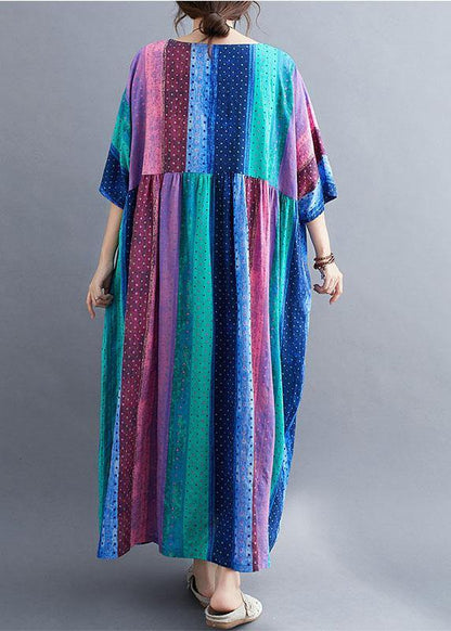 French Color Block Striped Print Loose Summer Vacation Dresses Half Sleeve - SooLinen