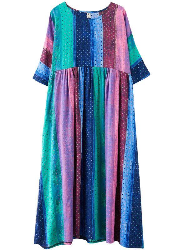 French Color Block Striped Print Loose Summer Vacation Dresses Half Sleeve - SooLinen