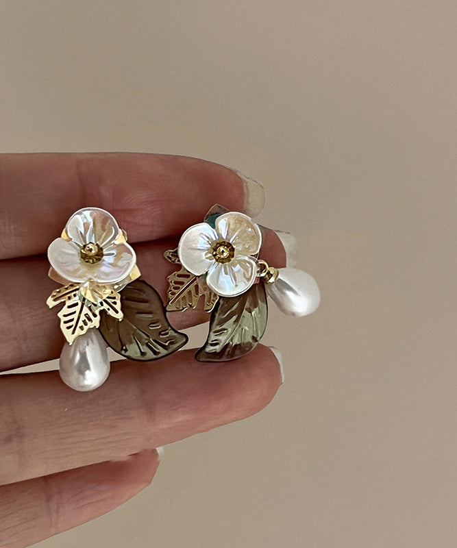 French Colorblock Acrylic Alloy Pearl Floral Water Droplet Stud Earrings