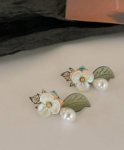 French Colorblock Acrylic Alloy Pearl Floral Water Droplet Stud Earrings