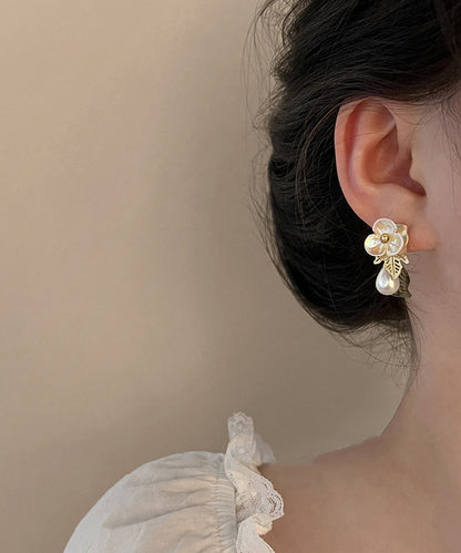French Colorblock Acrylic Alloy Pearl Floral Water Droplet Stud Earrings