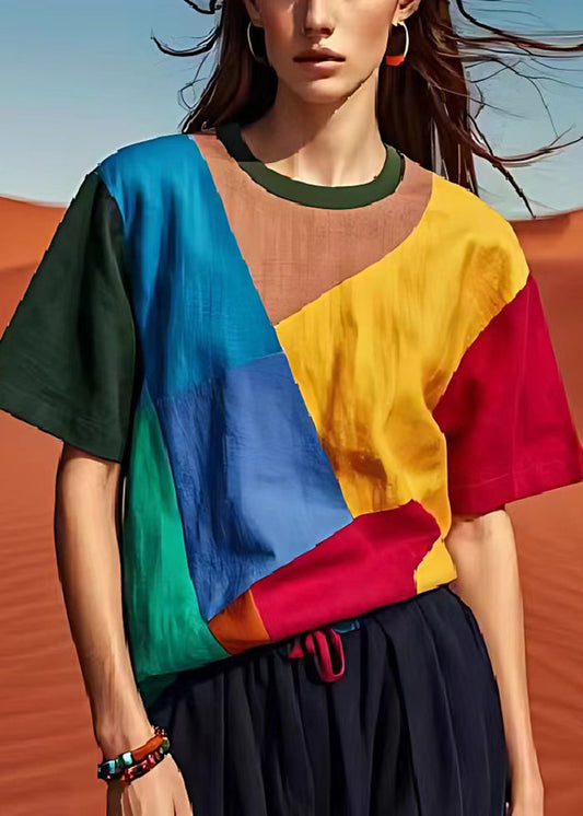 Französisch Colorblock Asymmetrische Patchwork Leinen Tank Tops Sommer