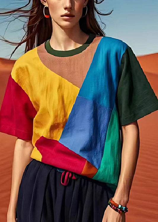 Französisch Colorblock Asymmetrische Patchwork Leinen Tank Tops Sommer