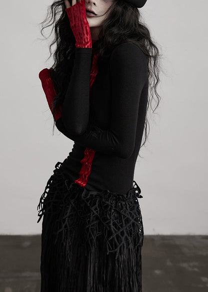 French Colorblock Hign Neck Slim Fit Woolen T Shirts Spring