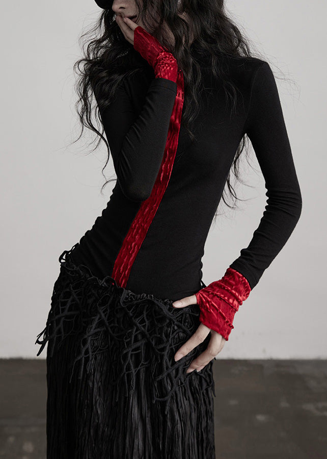 French Colorblock Hign Neck Slim Fit Woolen T Shirts Spring