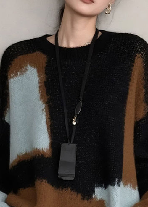 Französischer Colorblock-Rundhals-Strickpullover, gemütlich, Winter