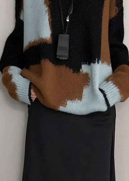 Französischer Colorblock-Rundhals-Strickpullover, gemütlich, Winter