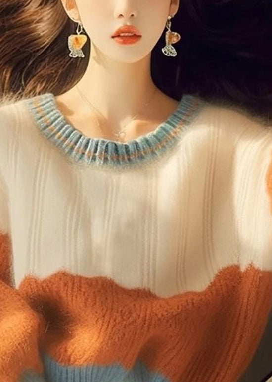 Französischer Colorblock-Rundhals-Kurzpullover aus dickem Strick, Winter