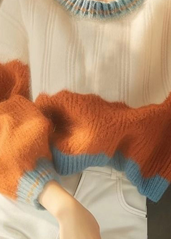 Französischer Colorblock-Rundhals-Kurzpullover aus dickem Strick, Winter