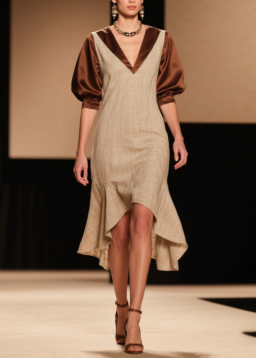 French Colorblock Puff Sleeve Asymmetrical Patchwork Linen Silk Dress