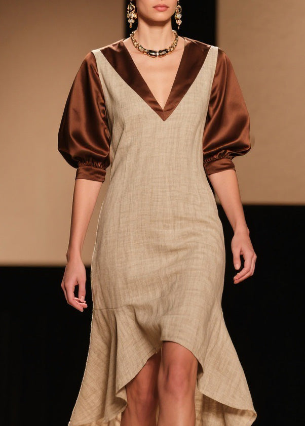 French Colorblock Puff Sleeve Asymmetrical Patchwork Linen Silk Dress