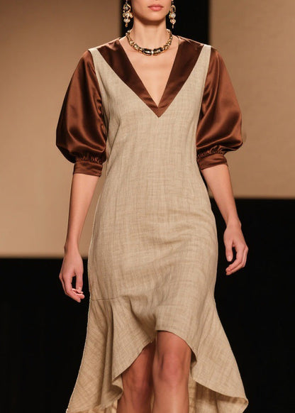 French Colorblock Puff Sleeve Asymmetrical Patchwork Linen Silk Dress