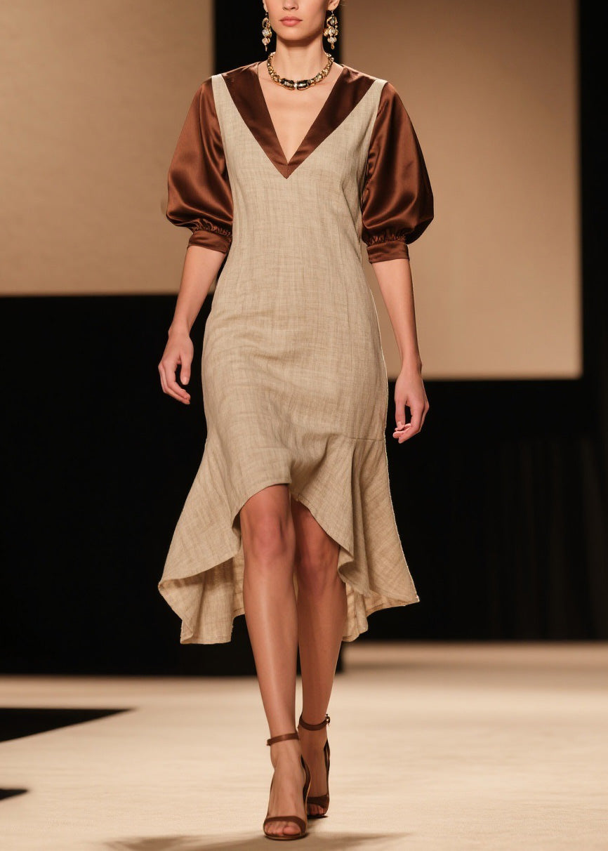French Colorblock Puff Sleeve Asymmetrical Patchwork Linen Silk Dress