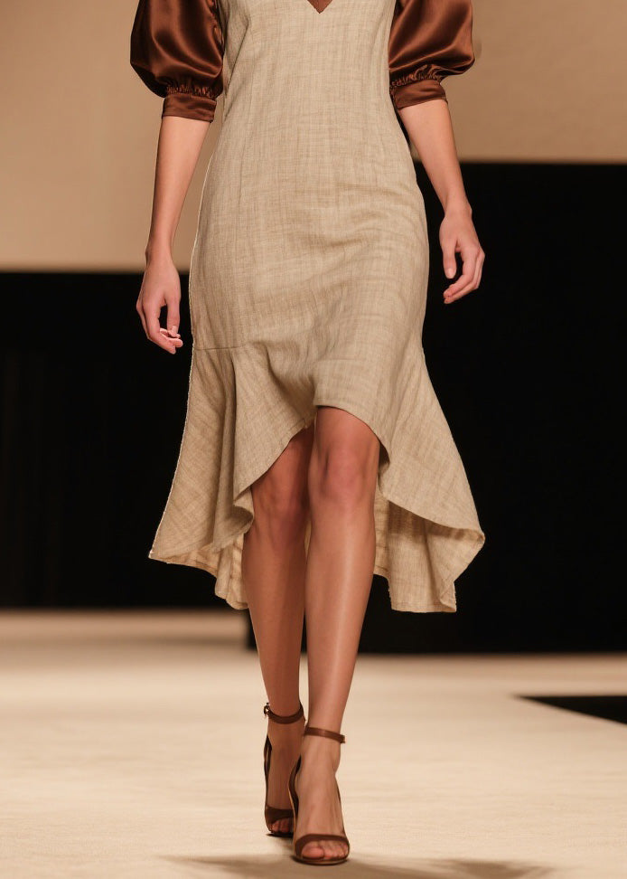 French Colorblock Puff Sleeve Asymmetrical Patchwork Linen Silk Dress