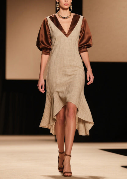 French Colorblock Puff Sleeve Asymmetrical Patchwork Linen Silk Dress