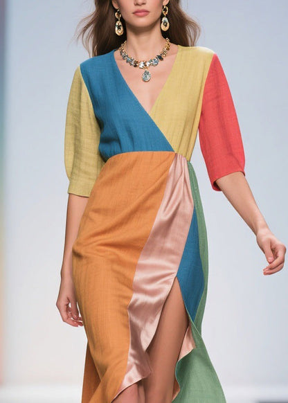 French Colorblock Side Open Patchwork Linen Silk Dress Summer