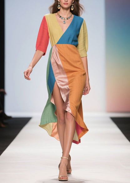 French Colorblock Side Open Patchwork Linen Silk Dress Summer