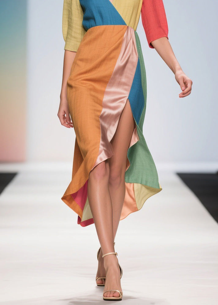 French Colorblock Side Open Patchwork Linen Silk Dress Summer