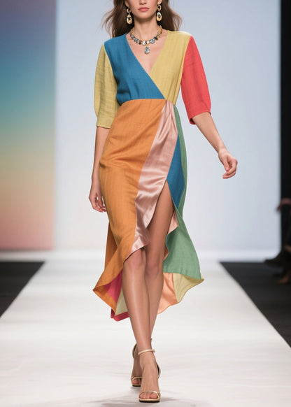 French Colorblock Side Open Patchwork Linen Silk Dress Summer