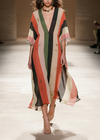 French Colorblock Striped Draping Chiffon Maxi Dresses Summer