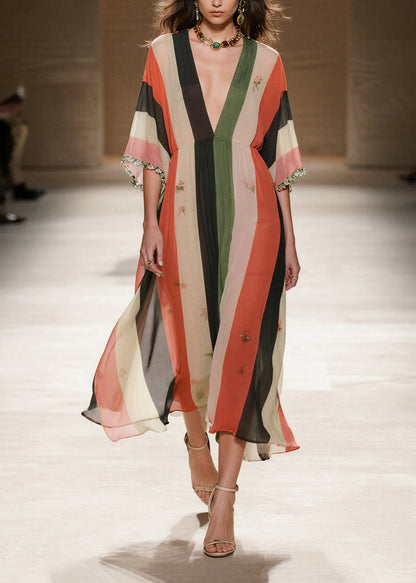 French Colorblock Striped Draping Chiffon Maxi Dresses Summer