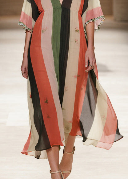 French Colorblock Striped Draping Chiffon Maxi Dresses Summer