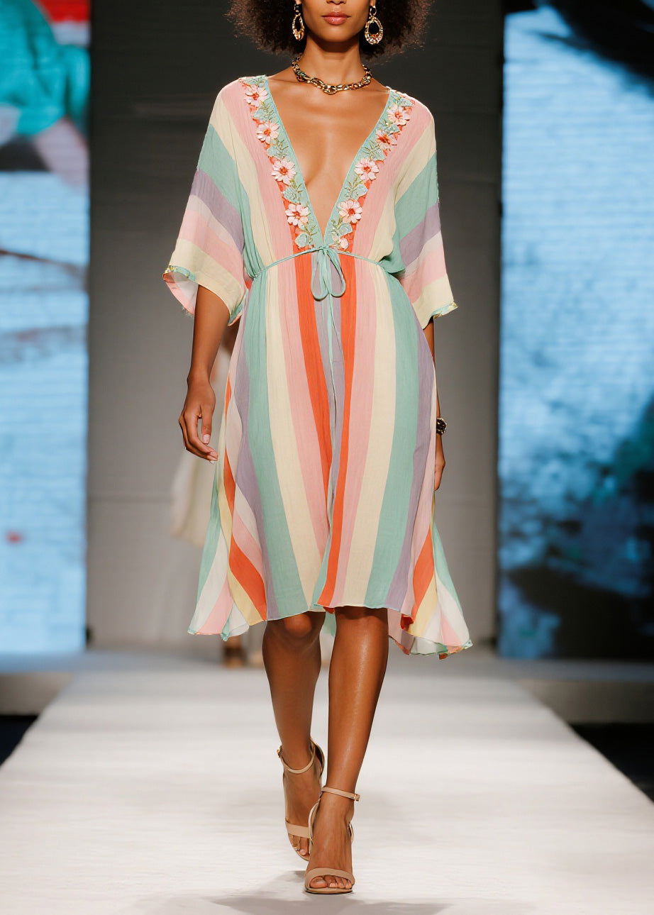 French Colorblock V Neck Floral Cotton Mid Dresses Summer