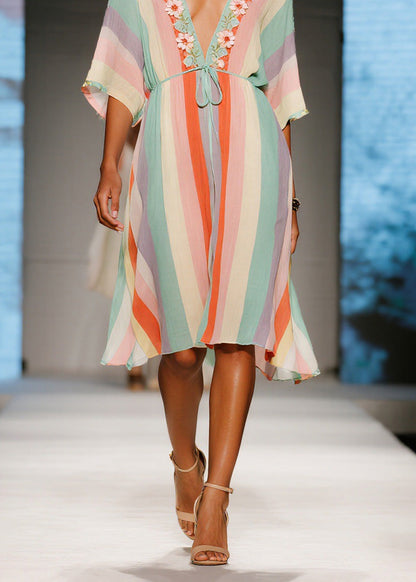 French Colorblock V Neck Floral Cotton Mid Dresses Summer