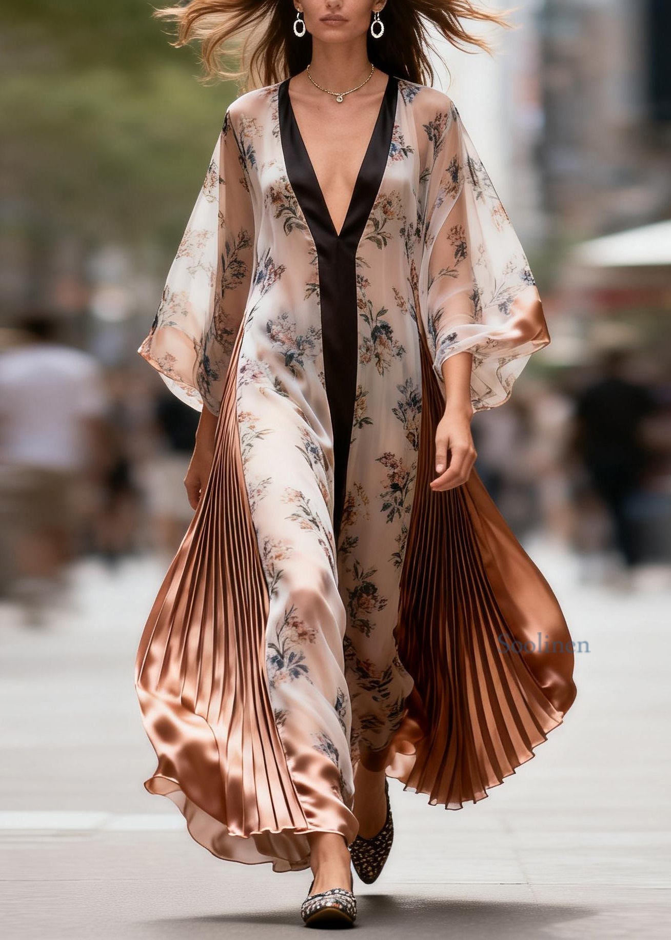 French Colorblock V Neck Print Wrinkled Patchwork Silk Dress Summer