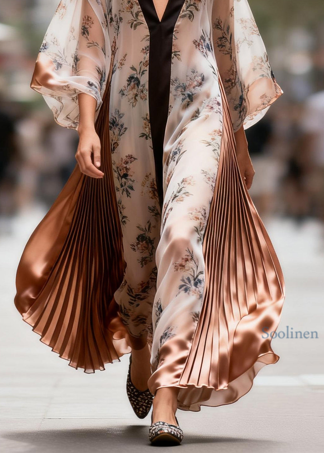 French Colorblock V Neck Print Wrinkled Patchwork Silk Dress Summer