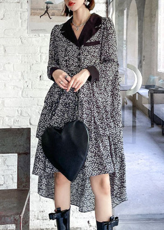 Französisches Colorblock-Low-High-Design mit V-Ausschnitt, Patchwork-Seiden-Mid-Kleid, Frühling