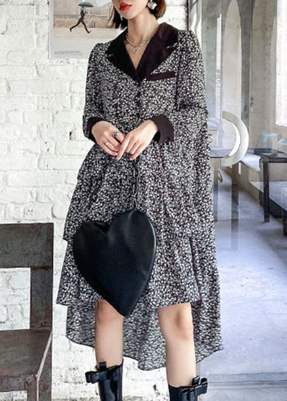 Französisches Colorblock-Low-High-Design mit V-Ausschnitt, Patchwork-Seiden-Mid-Kleid, Frühling