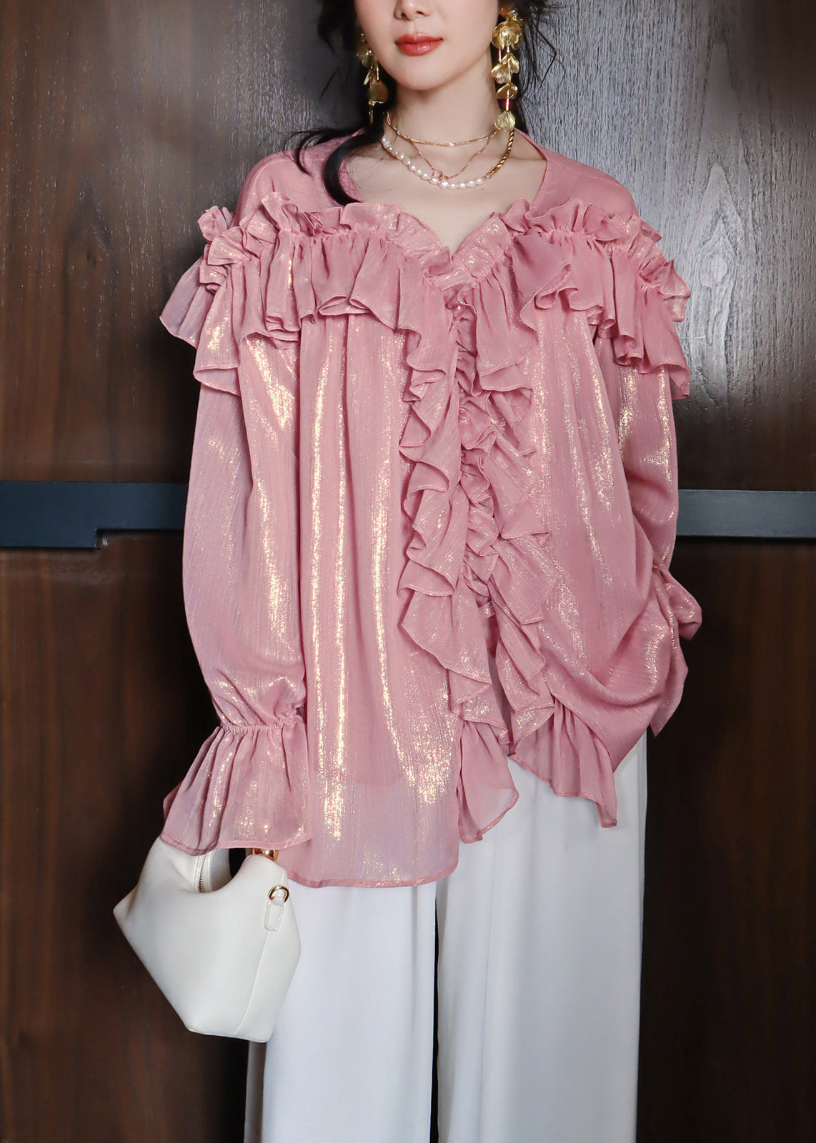 French Cute Pink Ruffled Patchwork Chiffon Shirts Lantern Sleeve