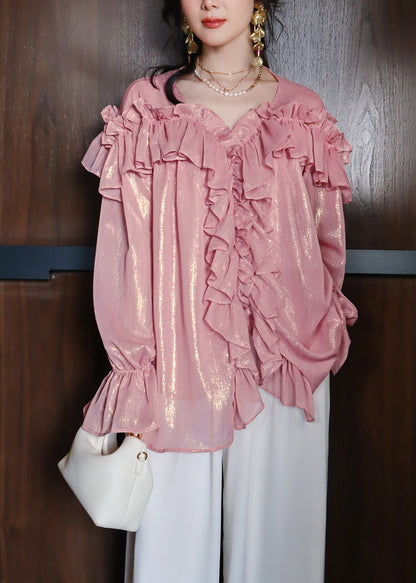 French Cute Pink Ruffled Patchwork Chiffon Shirts Lantern Sleeve