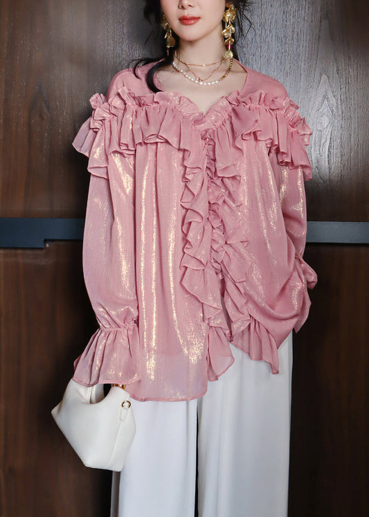 French Cute Pink Ruffled Patchwork Chiffon Shirts Lantern Sleeve