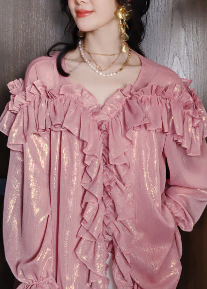 French Cute Pink Ruffled Patchwork Chiffon Shirts Lantern Sleeve