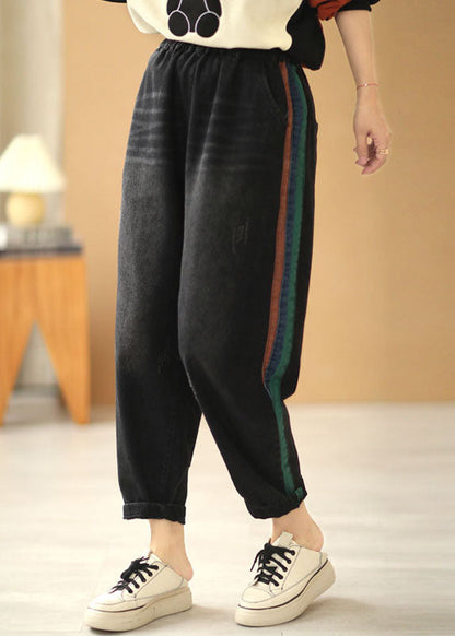 Französische dunkelgraue elastische Taillentaschen Haremshose Patchwork Herbsthose Baumwolle