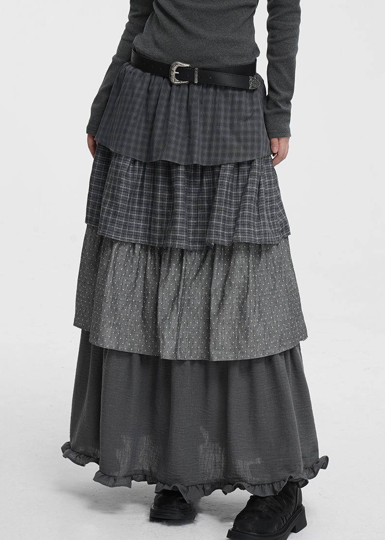 Französische dunkelgraue karierte Baumwollröcke mit Punkten und elastischem Bund für den Frühling